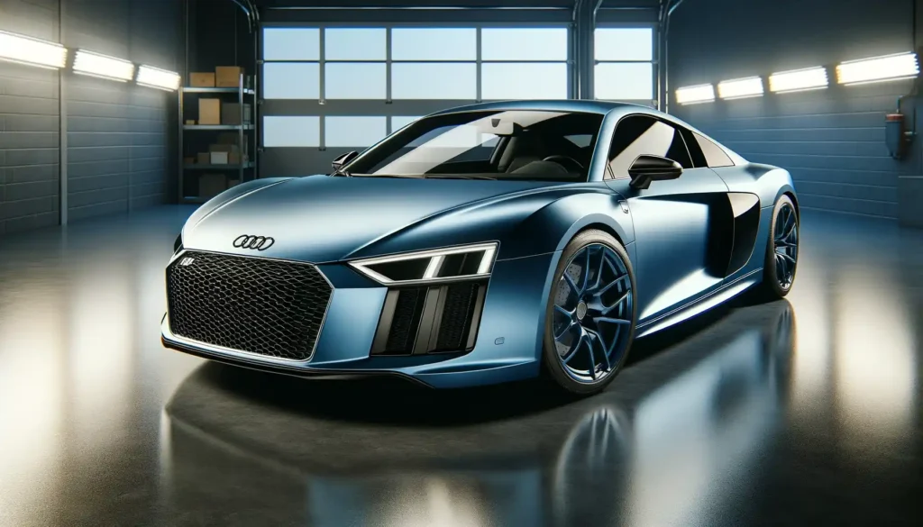 Audi R8 with a sleek satin blue vinyl wrap in a modern setting - Vinyl Wrap Pro