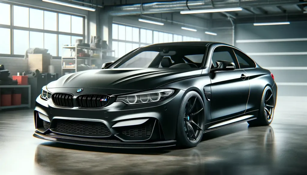 BMW M4 with a sleek matte black vinyl wrap in a modern setting - Vinyl Wrap Pro