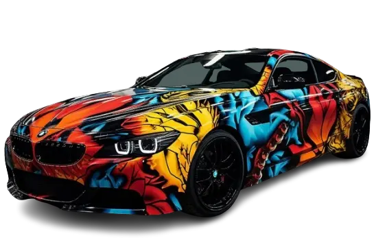 Customized vinyl wrap on a sleek car featuring vibrant, artistic designs - Vinyl Wrap Pro