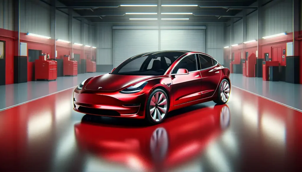 Tesla Model 3 with a vibrant gloss red vinyl wrap in a modern setting - Vinyl Wrap Pro