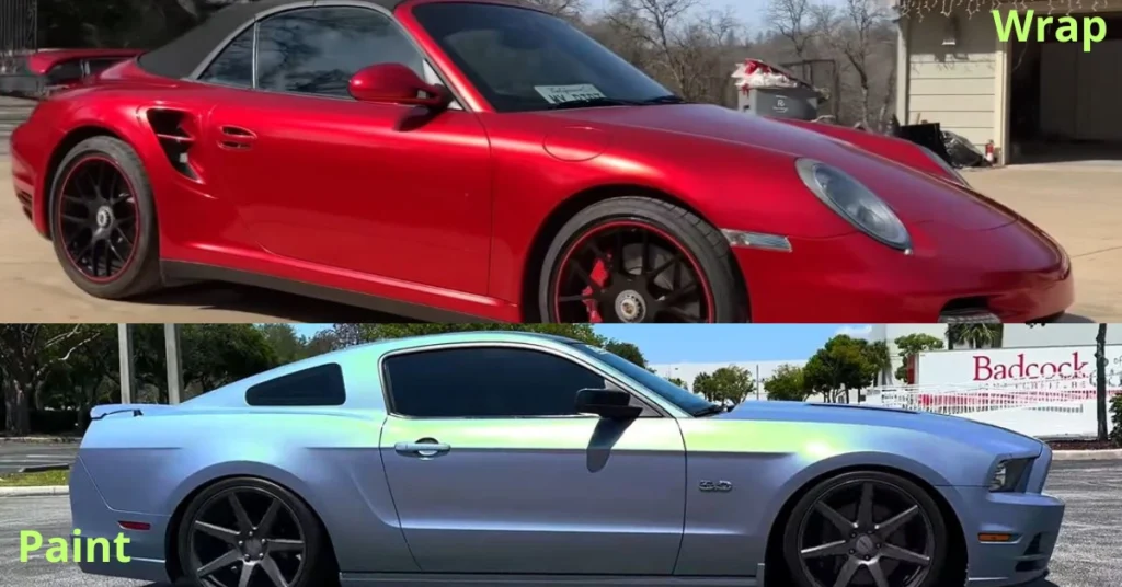 Side-by-side car wrap vs paint comparison