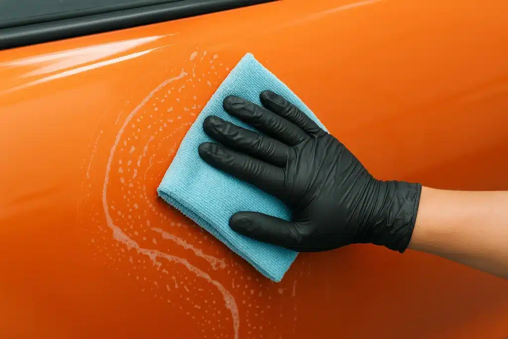 How to Clean Vinyl Wrap Without Damage - installation in progress at VinylWrapRo workshop