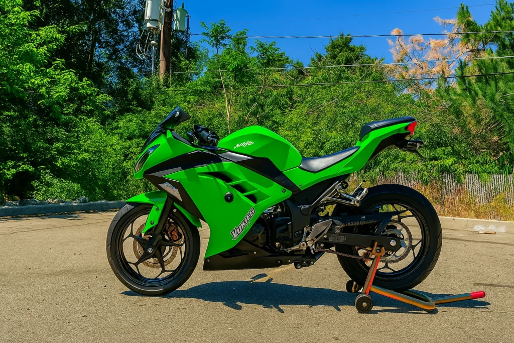 Green Kawasaki Ninja sport motorcycle parked outdoors, illustrating the type of bike that can be customized with a vinyl wrap when considering the cost to wrap a motorcycle.