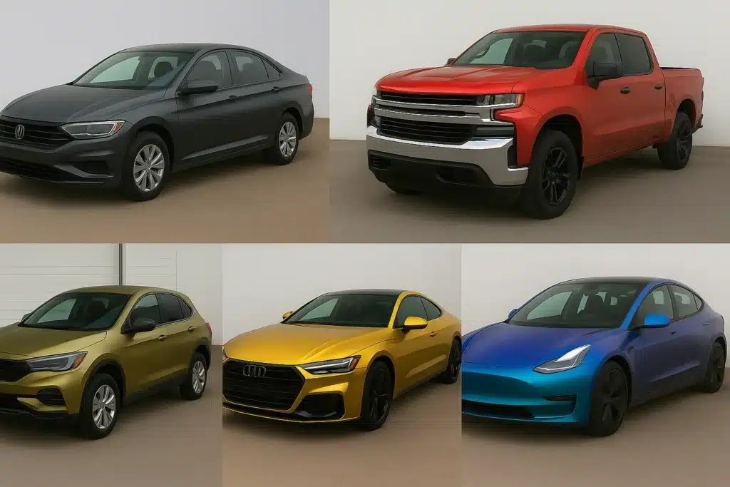Collage of five cars showing different car wrap finishes including standard gloss or matte, satin and metallic, chrome, specialty, and color-shifting iridescent wraps.