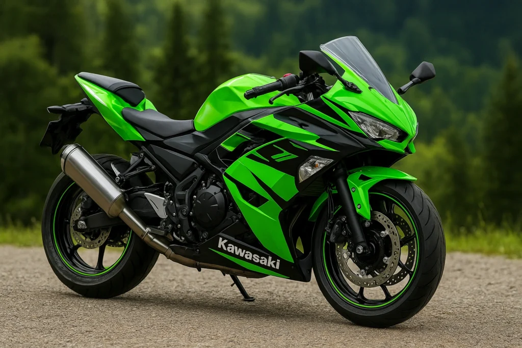 A Kawasaki Ninja sportbike in its signature green and black vinyl wrap, parked outdoors, showcasing the sleek and professional look achievable with motorcycle wrapping.