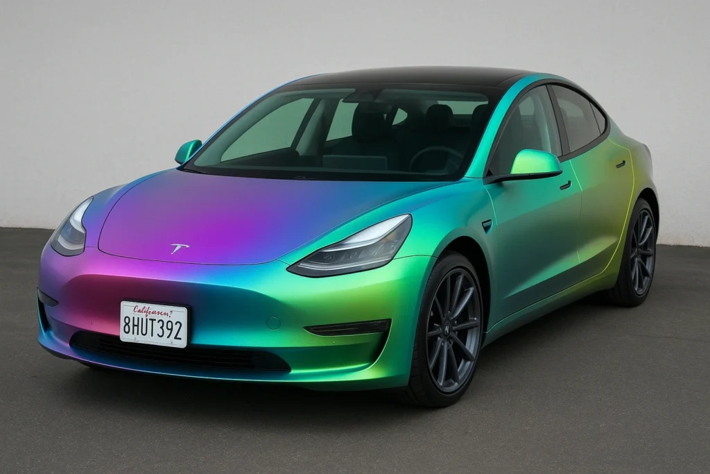 Colorful Tesla wrap example illustrating Tesla wrap prices in the United States