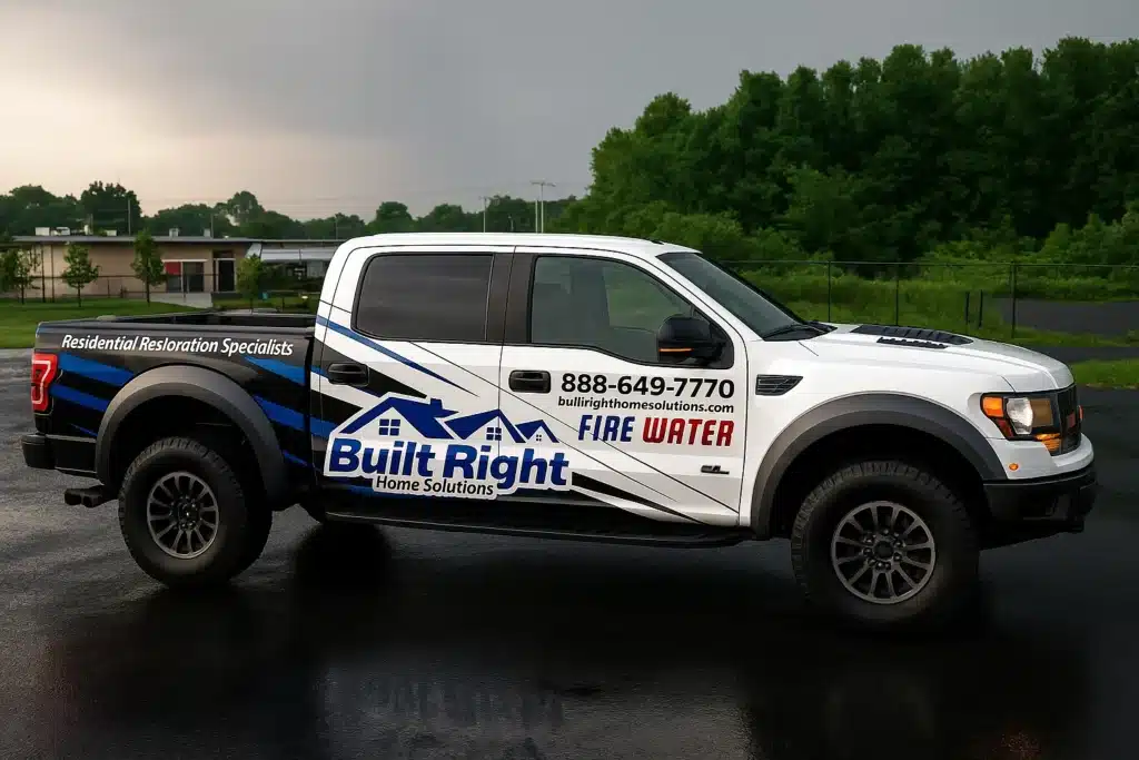 Professional vinyl-wrapped pickup truck showing company branding and design details