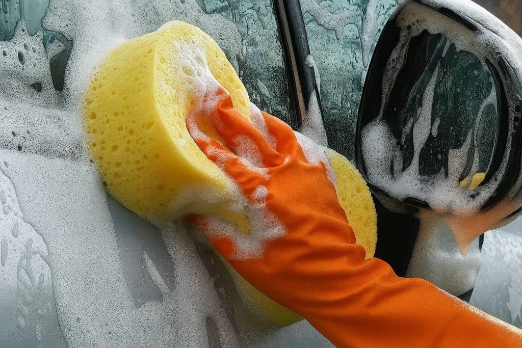 Hand washing a vinyl wrapped car with sponge and soap