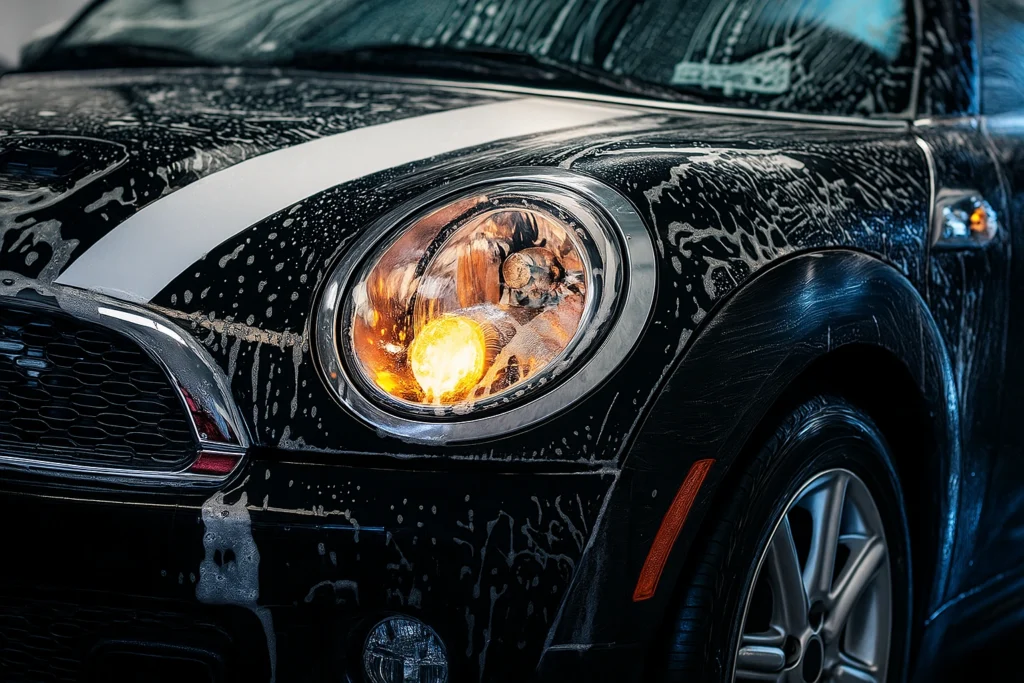 Car being washed with soap during vinyl wrap maintenance to keep the wrap looking new