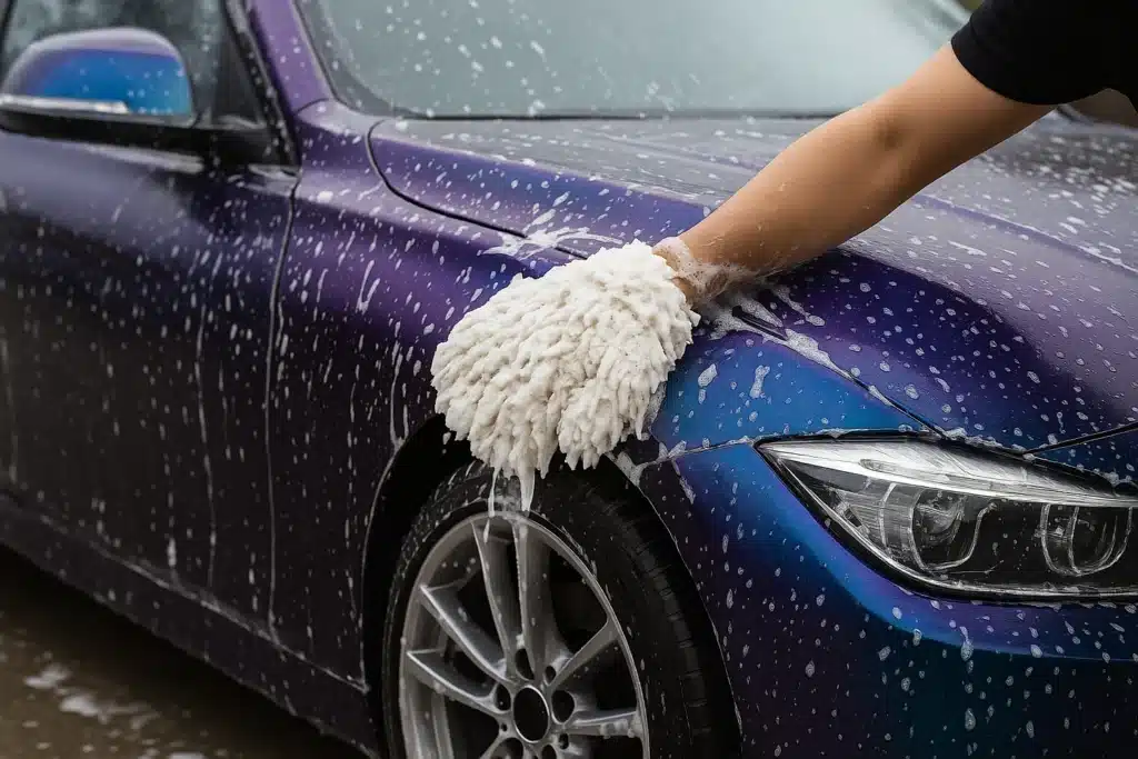 How Often Should You Wash a Wrapped Car? - installation in progress at VinylWrapRo workshop