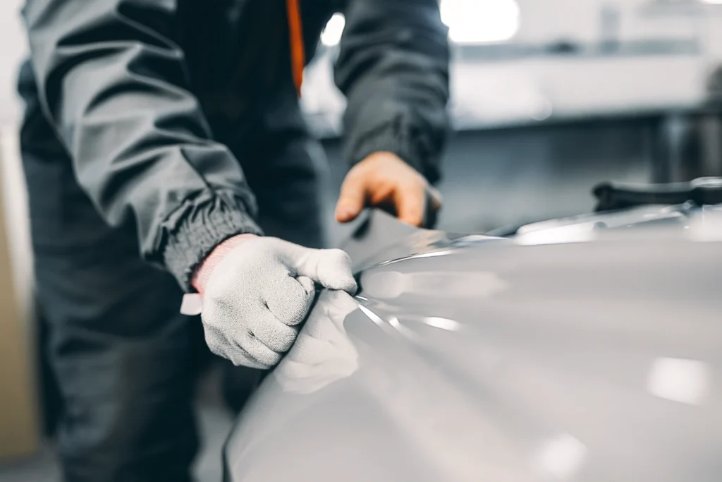 Clean vinyl wrap removal showing minimal adhesive residue on car paint.
