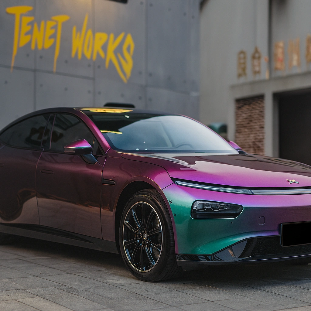 Color-shift vinyl wrap showing multi-tone finish under different lighting conditions.