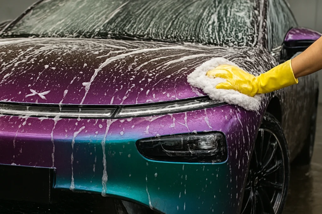Vinyl wrapped car being hand washed to maintain finish and prevent fading.