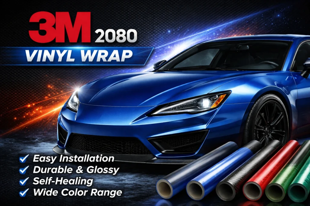 lose-up of a car door wrapped in 3M 2080 metallic blue vinyl, showcasing the body curve and door handle.
