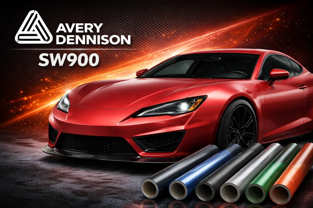 Close-up of a car door wrapped in Avery Dennison SW900 matte red vinyl, highlighting the smooth finish.