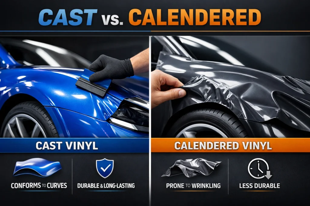 Comparison of cast and calendered vinyl wrap, highlighting durability and surface conformance differences