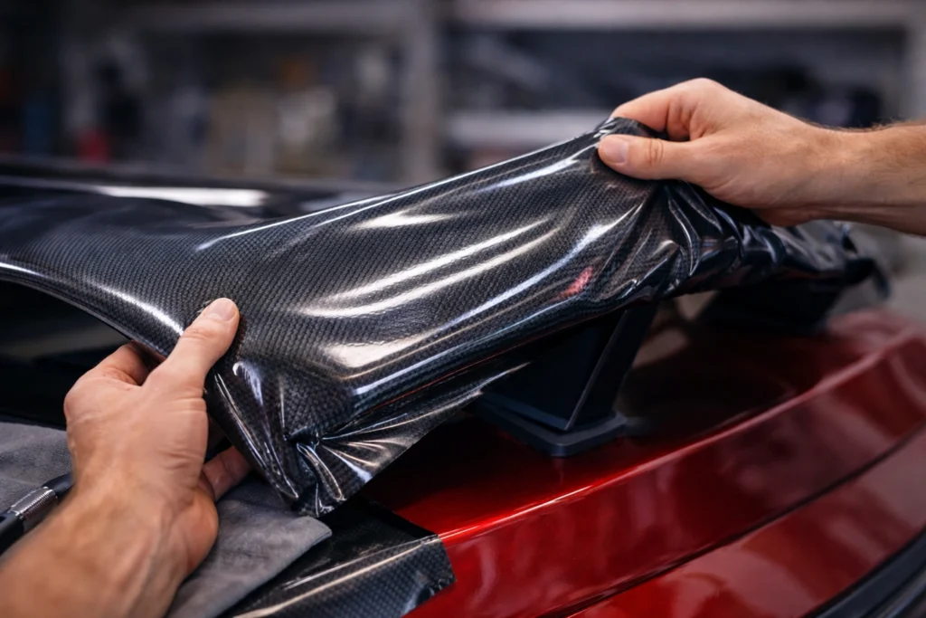 Vinyl wrap stretching over curved spoiler