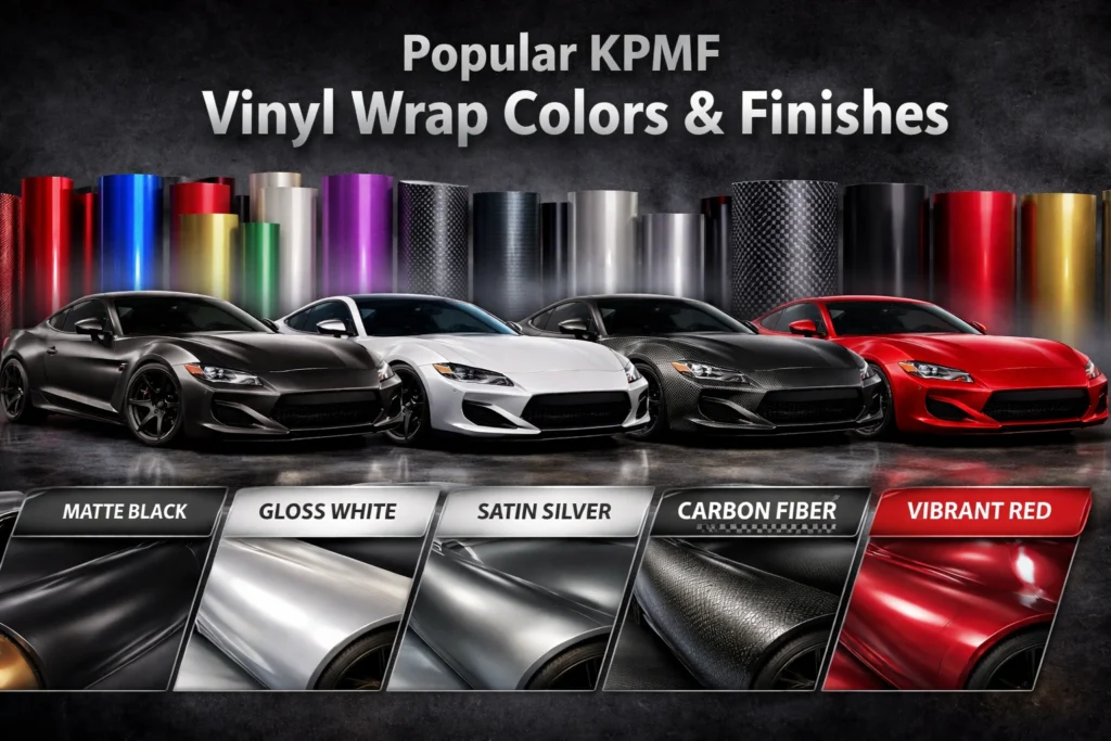 Various KPMF vinyl wrap colors displayed on vehicles