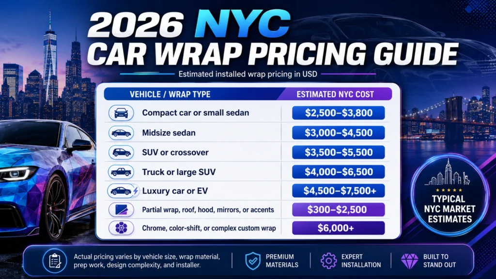 2026 New York car wrap cost table by sedan SUV truck and finish