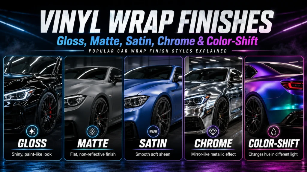 gloss matte satin chrome and color shift vinyl wrap finishes