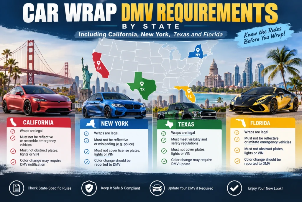 Car wrap DMV requirements by state including California New York Texas and Florida