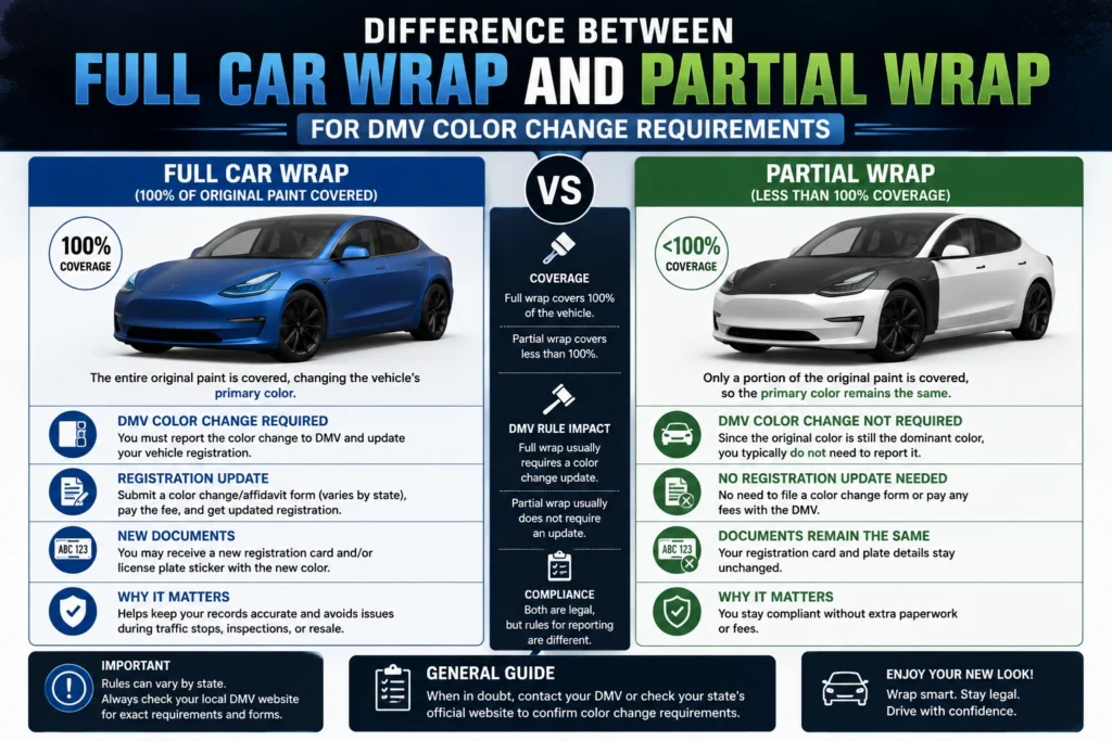 Difference between full car wrap and partial wrap for DMV color change requirements