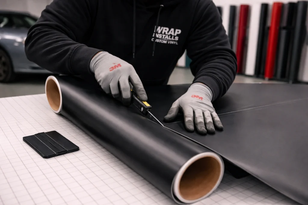 installer cutting vinyl wrap roll