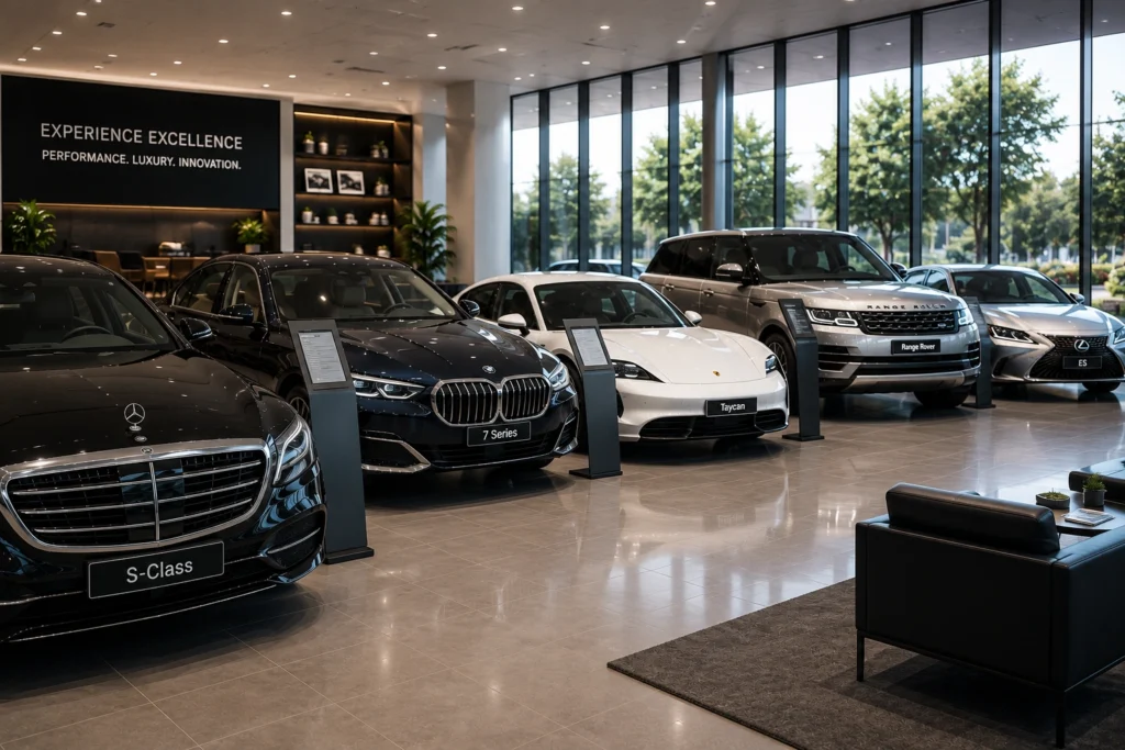Luxury car buyer comparing premium vehicles at a dealership