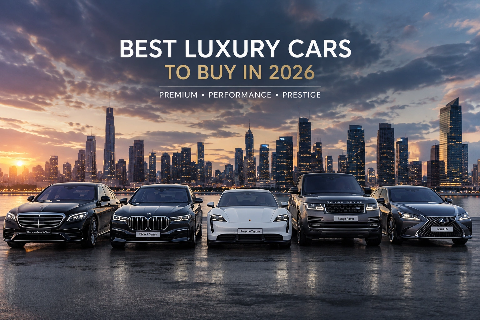 Best luxury cars to buy in 2026 including Mercedes-Benz S-Class, BMW 7 Series, Porsche Taycan, Range Rover, and Lexus ES.