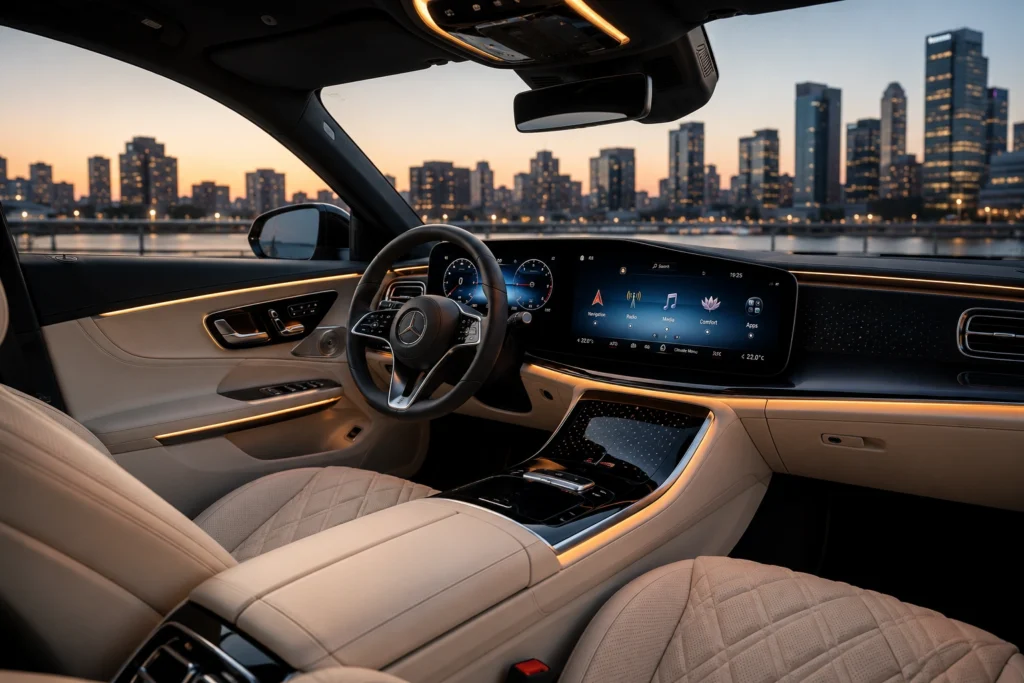 Modern luxury car interior with digital dashboard and premium leather seats.